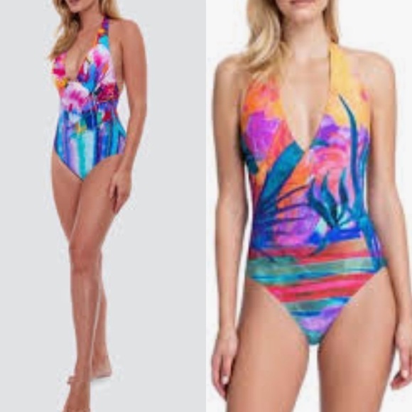 Colorful NWOT Peacock Feather Like Print Halter One Pc Swimsuit. D250/A370 - Picture 2 of 8